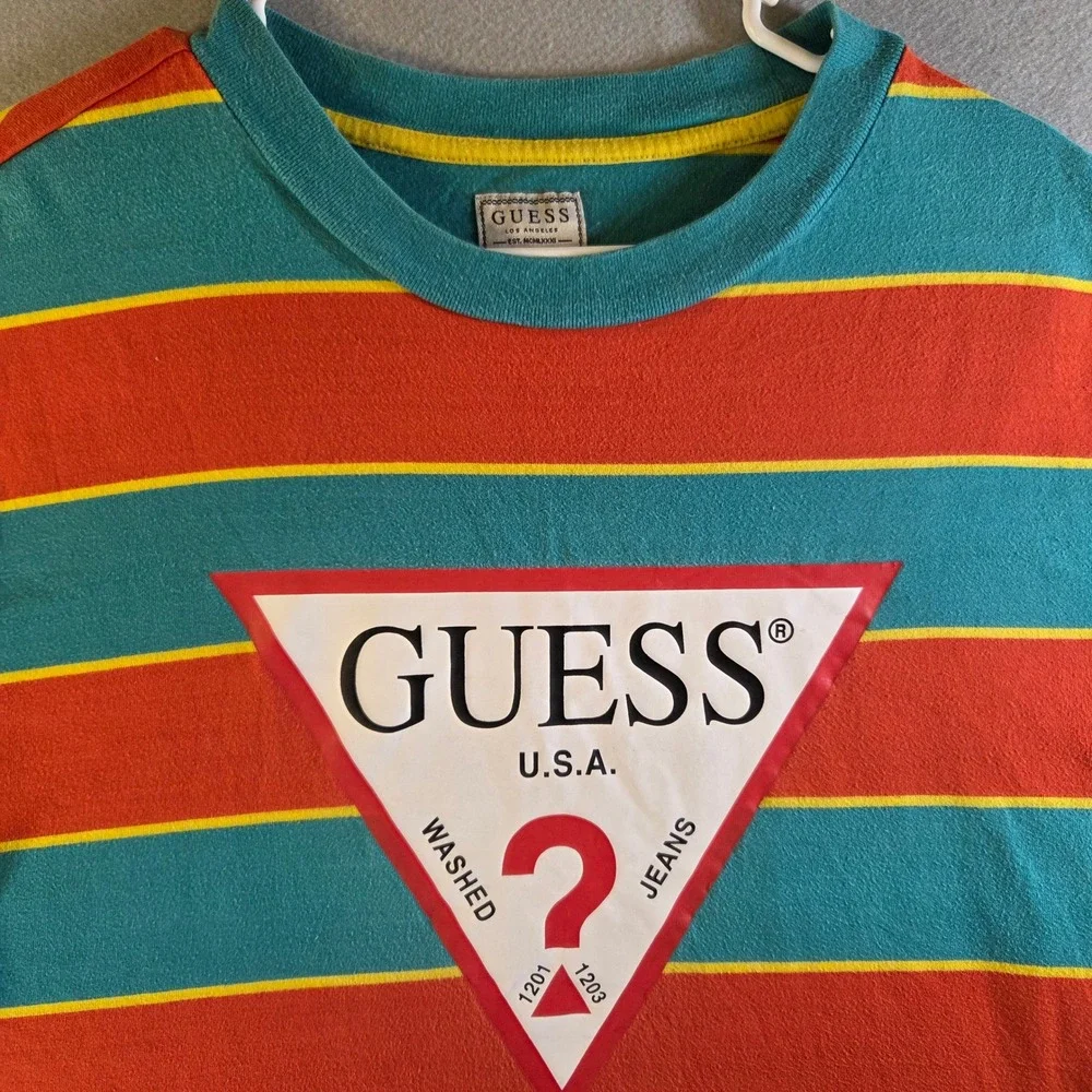 Guess Los Angeles Striped Triangle Logo T-Shirt Mens Medium Teal Orange - Picture 2 of 6